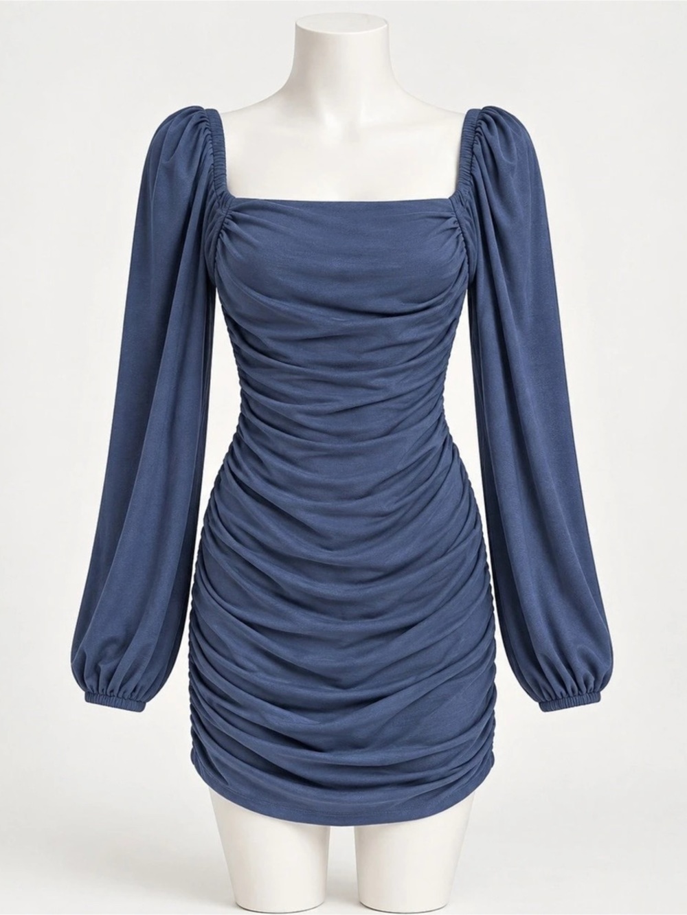 Ruched Long Sleeve Mini Dress in Blue Like New